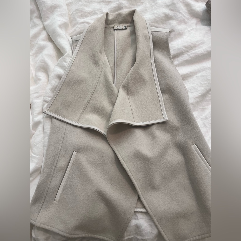 Vince Leather Collar Cream Drape Wool Blend Vest - Picture 2 of 5